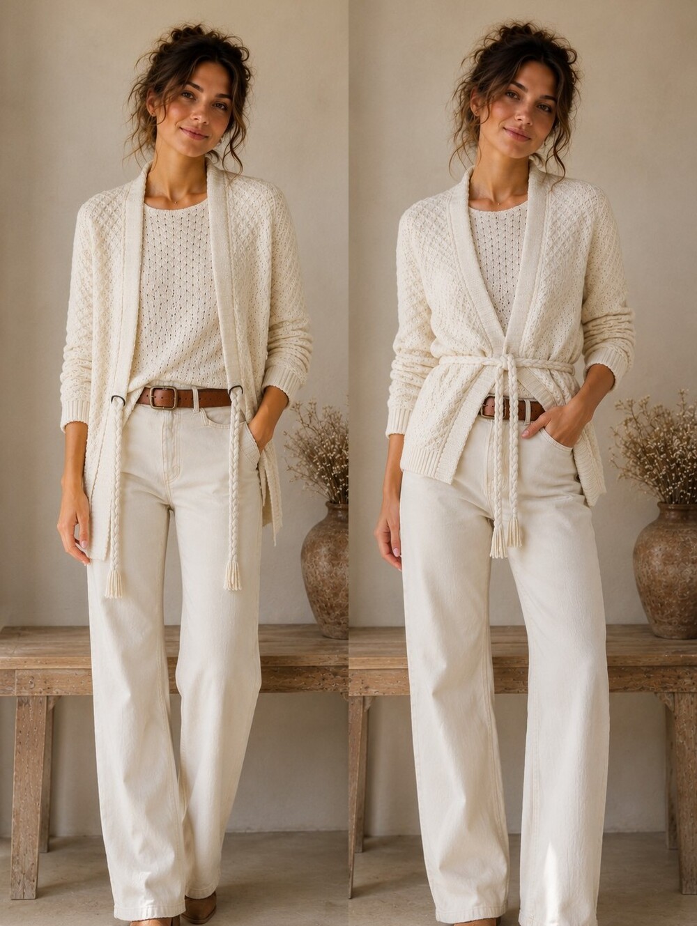 Design History Cream Braided Tie Open-Front Cardigan Size Small | Quiet Luxury